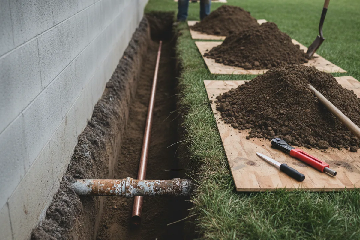 Excavated water line trench during Water Softener Installation in Big Bear City